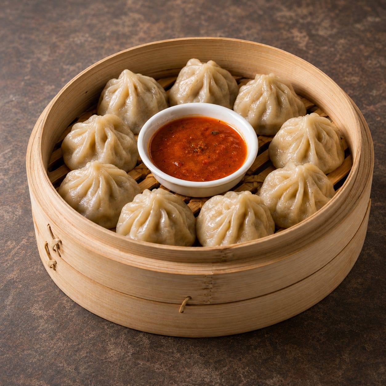 Hand-folded steamed chicken momo with house-made achar