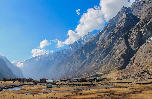 A Nepalese mountain village beneath the Himalayas