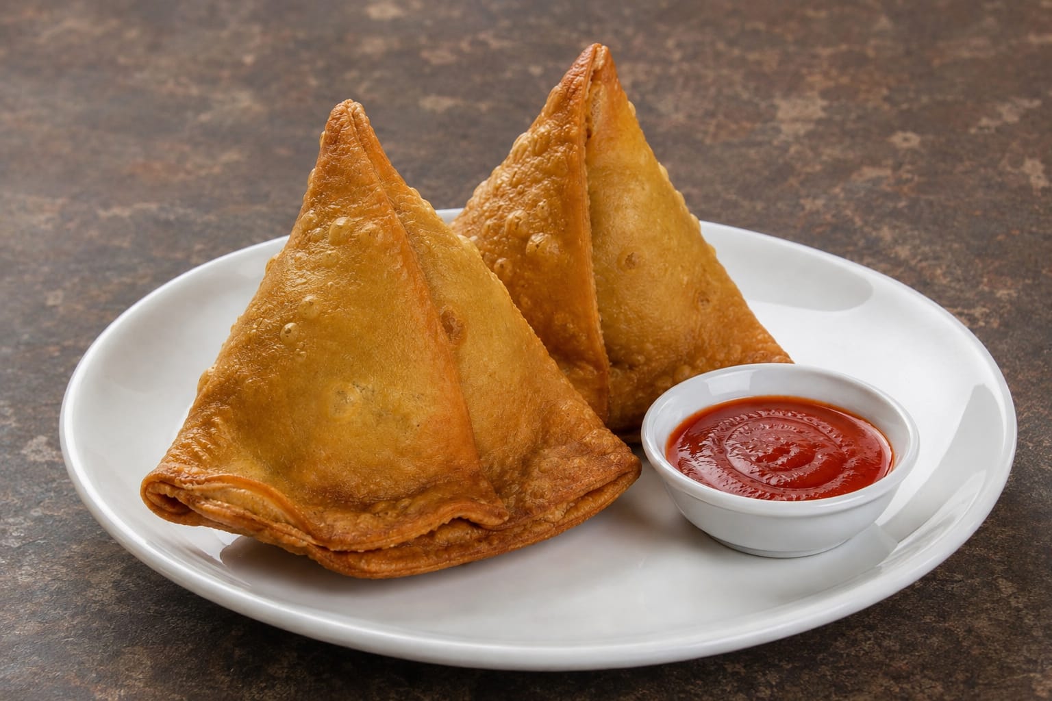 Golden crispy samosas served with tangy dipping sauce